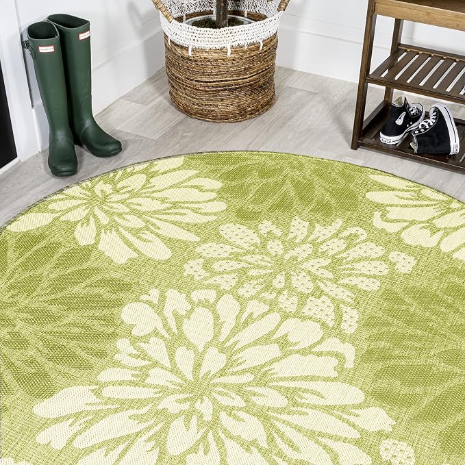 JONATHAN Y Floral Textured Weave Indoor Outdoor Round Area Rug 5 Ft Green/Cream, Zinnia Modern for Backyard, Patio, Porch, Easy-Cleaning, High Traffic, Pet-Friendly, Non-Shedding (SMB110H-5R)
