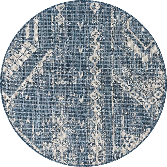 Unique Loom Outdoor Bohemian Collection Area Rug - Anthro (4' 1" Round, Blue/ Ivory)