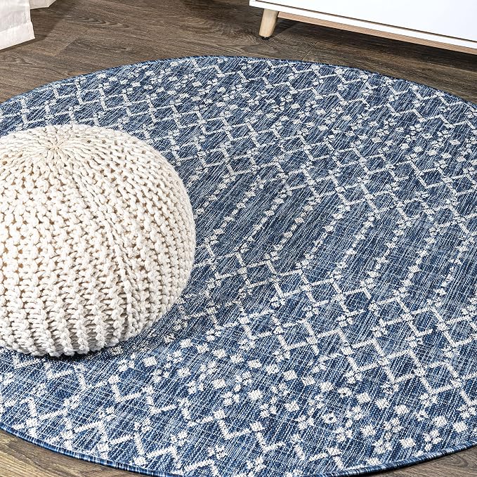 JONATHAN Y Moroccan Geometric Indoor Outdoor Round Area Rug 8 Ft Navy/Light Gray, Ourika Textured Weave for Backyard, Patio, Porch, Easy-Cleaning, High Traffic, Pet-Friendly, Non-Shedding SMB108B-8R