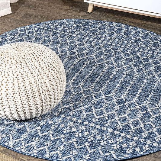 JONATHAN Y Moroccan Geometric Indoor Outdoor Round Area Rug 5 Ft Navy/Light Gray, Ourika Textured Weave for Backyard, Patio, Porch, Easy-Cleaning, High Traffic, Pet-Friendly, Non-Shedding SMB108B-5R