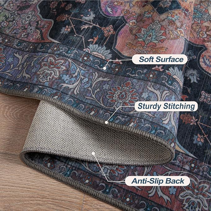 Tangsoo 2x5 Washable Runner Rugs for Hallways, Vintage Non Slip Runner Rug | Oriental Soft Low Pile Long Rug Runner, Vintage Print Indoor Carpet Runners for Entryway Kitchen Bedroom Bathroom Blue Decor