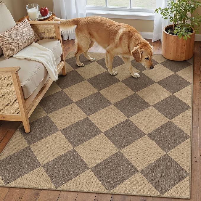 PureCozy 3x5 Checkered Easy Jute Outdoor Patio Rug Washable Area Rugs for Living Room Entryway Diamond Indoor Outdoor Mat Farmhouse Neutral Non Slip Brown Door Carpet for Backyard Bedroom