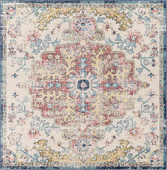 Livabliss Area Rugs - 5x5 Odelia Vintage Boho Aqua Burgandy Blue Square Area Rug for Living Room Bedroom - Floral Medallion Stain Resistant Carpet for Kitchen, Nursery, Office (5'3" Square)
