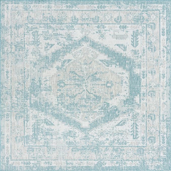 Unique Loom Outdoor Traditional Collection Area Rug - Valeria (7' 10" Square, Aqua/ Ivory)