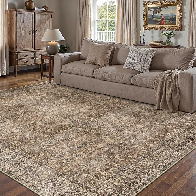 5x7 Brown Vintage Distressed Washable Area Rug for Living Room | Low Pile, Non Slip, Retro Style, Soft Distressed Indoor Rug for Living Room, Bedroom, Dining Room, Office, Home Decor