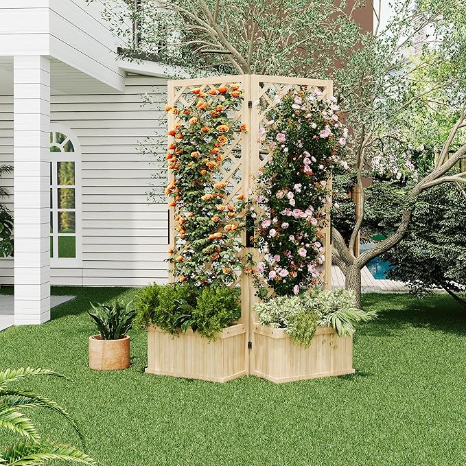 Cedar Privacy Screen with Planter Box - 2-Panel Freestanding Garden Fence, 41 in x10 in x65 in Tall Outdoor Divider with Drain Holes & Raised Bed for Patio, Deck & Backyard (Natural Wood)