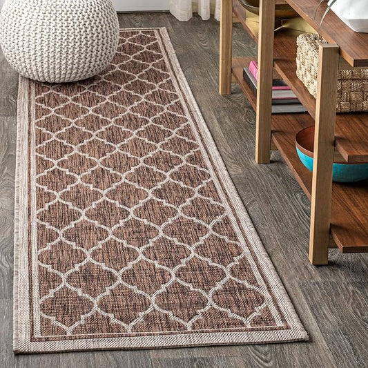 JONATHAN Y Moroccan Trellis Indoor Outdoor Runner Rug 2X10 Espresso/Taupe, Trebol Textured Weave for Backyard, Patio, Porch, Easy-Cleaning, High Traffic, Pet-Friendly, Non-Shedding (SMB109B-210)