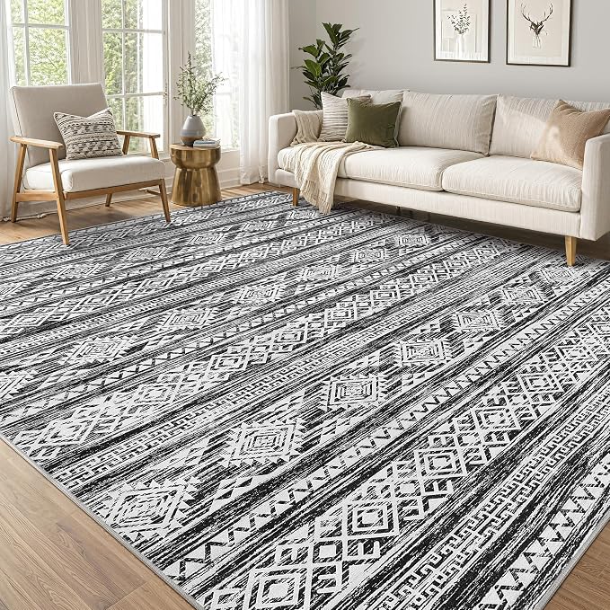 Tortania Area Rug Living Room Rugs - 11x14 Washable Large Soft Neutral Boho Moroccan Bohemian Farmhouse Rug Indoor Floor Carpet for Bedroom Under Dining Table Home Office Decor - Black White