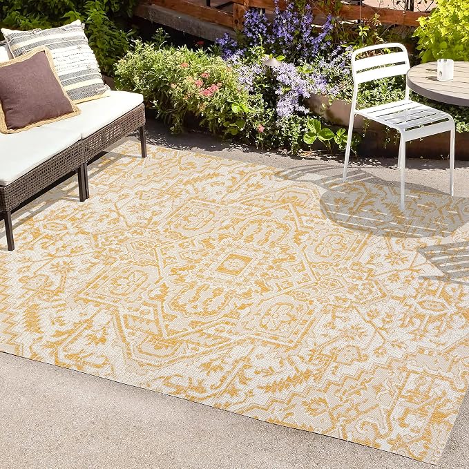 JONATHAN Y Boho Medallion Indoor Outdoor Area Rug 5X8 Cream/Yellow, Estrella Textured Weave for Backyard, Patio, Porch, Easy-Cleaning, High Traffic, Pet-Friendly, Non-Shedding (SMB105H-5)