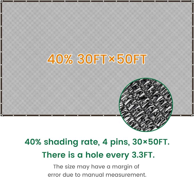 40% 30 X 50 FT Black Shade Cloth, Outdoor Woven Sun Shade with Grommets, Durable Breathable Netting Shading Antifreezing for Patio, Garden, DIY Home, Plants Cover, Greenhouse, Dog Kennel