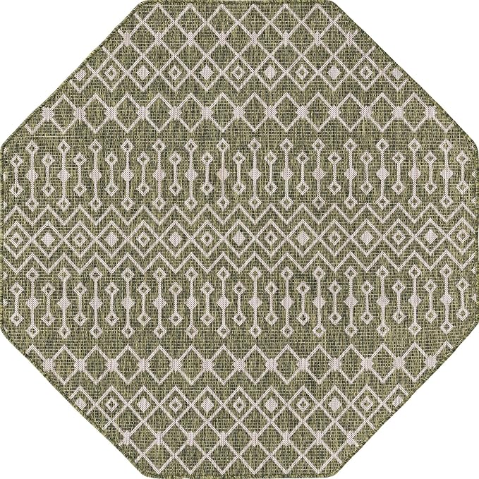 Unique Loom Outdoor Trellis Collection Area Rug - Tribal Trellis (5' 3" Octagon, Green/ Natural)