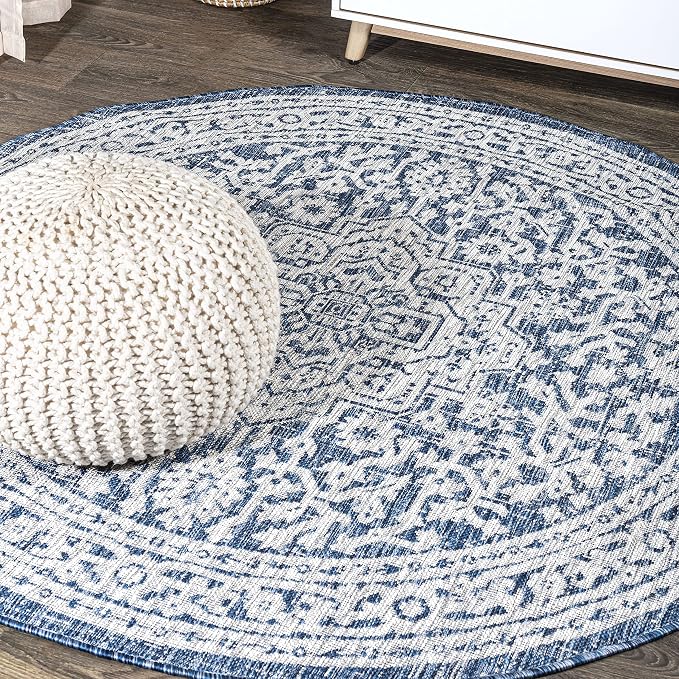 JONATHAN Y Medallion Weave Indoor Outdoor Round Area Rug 6 Ft Navy/Gray, Sinjuri Textured for Backyard, Patio, Porch, Easy-Cleaning, High Traffic, Pet-Friendly, Non-Shedding (SMB101B-6R)