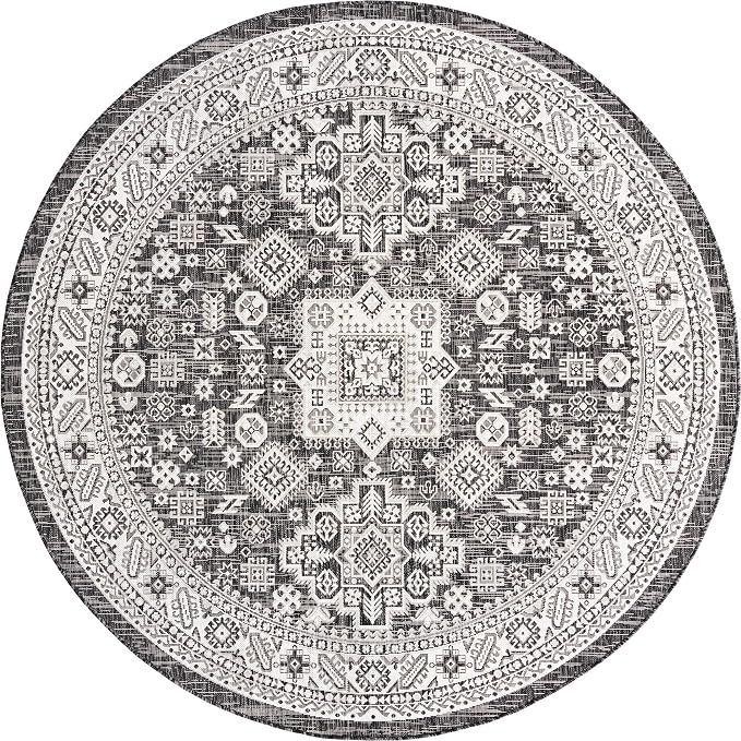 Unique Loom Outdoor Aztec Collection Area Rug - Chalca (7' 10" Round, Charcoal Gray/ Ivory)
