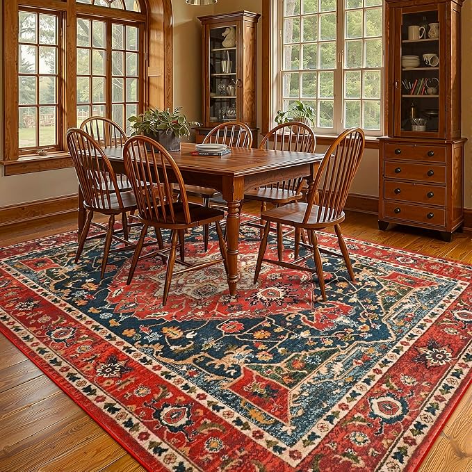 YJ.GWL Area Rugs for Living Room 8x10 Machine Washable Rugs, Non Slip Floral Vintage Rug Indoor Carpet, Stain Resistant Large Rug for Bedroom Dining Room, Orange-Red