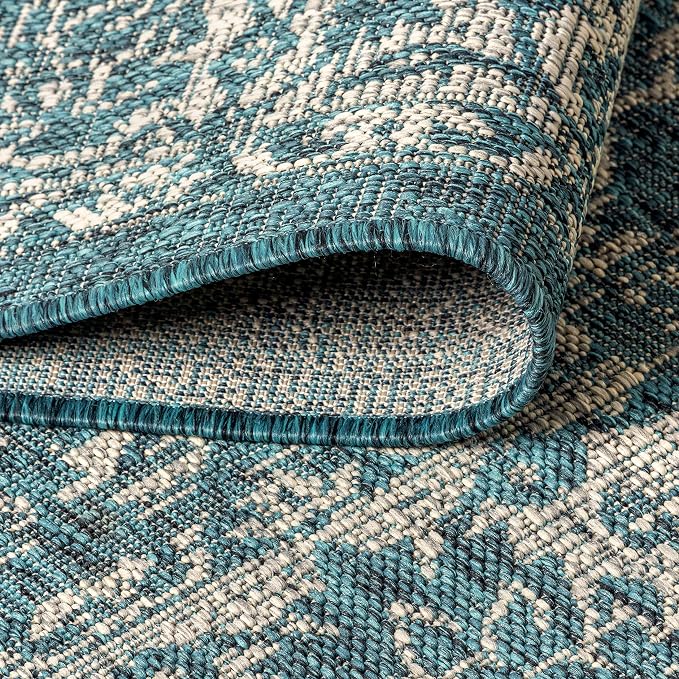 JONATHAN Y Weave Floral Indoor Outdoor Round Area Rug 4 Ft Teal/Gray, Tela Bohemian Textured for Backyard, Patio, Porch, Easy-Cleaning, High Traffic, Pet-Friendly, Non-Shedding (SMB100C-4R)
