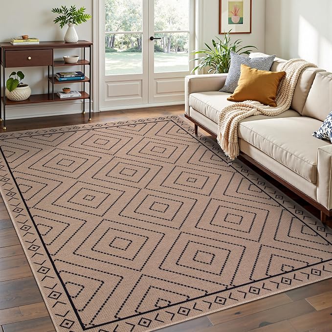 Tangsoo Modern Easy Jute 4x6 Outdoor Rug for Living Room,Ultra Thin Washable Area Rug,Geometric Indoor Carpet Farmhouse Non-Slip Throw Mat for Bedroom Dining Room Patio Front Porch