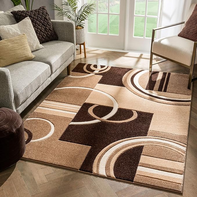 Well Woven Ruby Echo Shapes & Circles Geometric Ivory and Beige 5 by 7 Rug - Abstract Modern Thick Pile Carpet, Soft Durable Easy Care Floor Covering, Contemporary Neutral Geometric Pattern