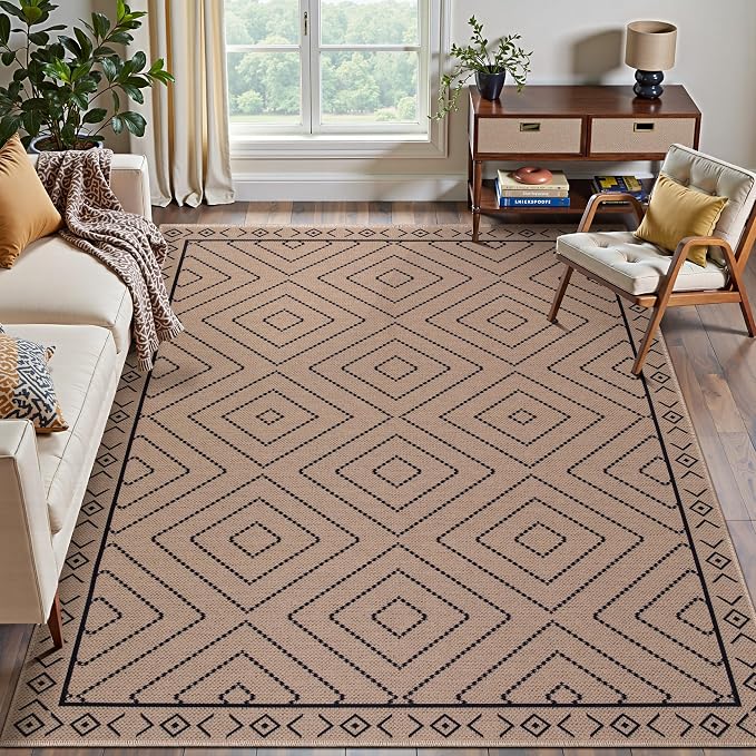 Tangsoo Modern Easy Jute 4x6 Outdoor Rug for Living Room,Ultra Thin Washable Area Rug,Geometric Indoor Carpet Farmhouse Non-Slip Throw Mat for Bedroom Dining Room Patio Front Porch
