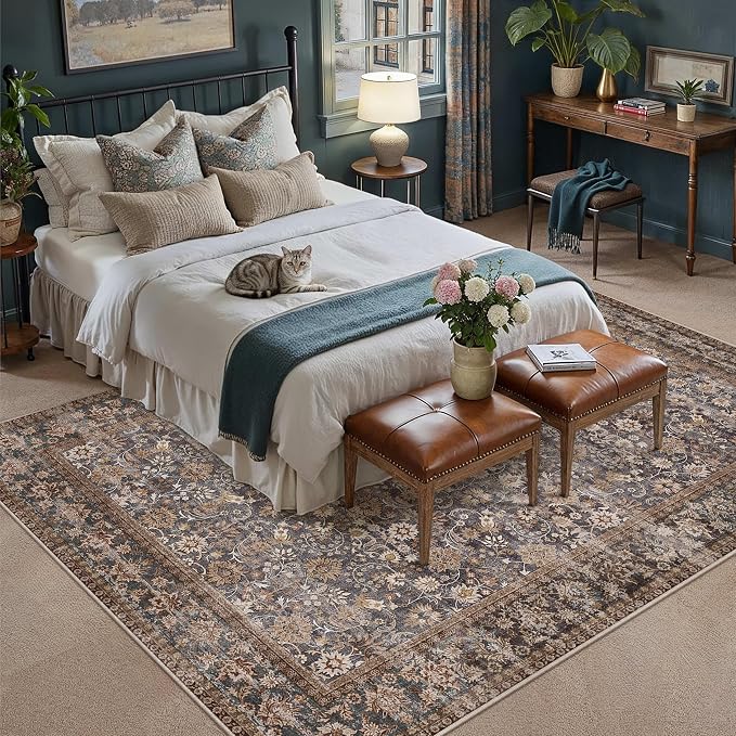 HUGEAR 6x9 Machine Washable Rugs Tradition Brown Hallway Large Area Rug Indoor Accent Rug Floral Low Pile Carpet Soft Throw Aesthetic Rug Bedroom Living Room Office Dining Room Kitchen Laundry Room