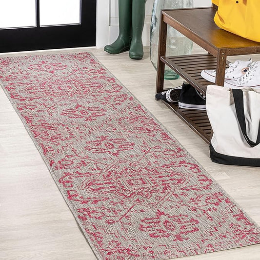 JONATHAN Y Boho Medallion Indoor Outdoor Runner Rug 2X8 Light Gray/Fuchsia, Estrella Textured Weave for Backyard, Patio, Porch, Easy-Cleaning, High Traffic, Pet-Friendly, Non-Shedding (SMB105F-28)
