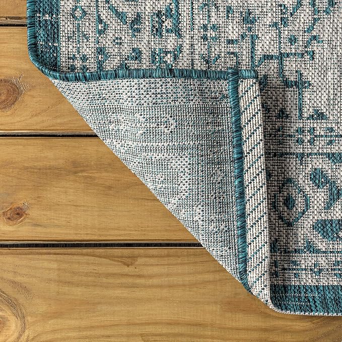 JONATHAN Y Medallion Weave Indoor Outdoor Round Area Rug 6 Ft Teal Blue/Gray, Sinjuri Textured for Backyard, Patio, Porch, Easy-Cleaning, High Traffic, Pet-Friendly, Non-Shedding (SMB101C-6R)
