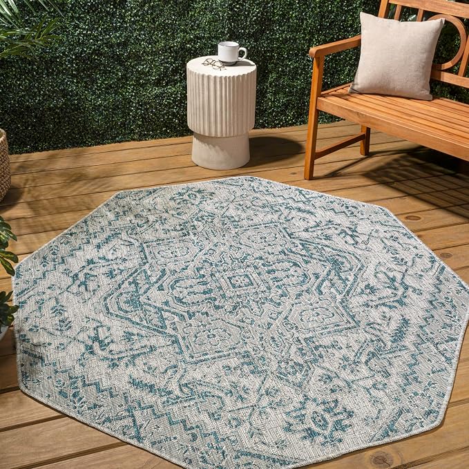 JONATHAN Y Boho Medallion Indoor Outdoor Octagon Area Rug 5 Ft Teal/Gray, Estrella Textured Weave for Backyard, Patio, Porch, Easy-Cleaning, High Traffic, Pet-Friendly, Non-Shedding (SMB105C-5TGN)