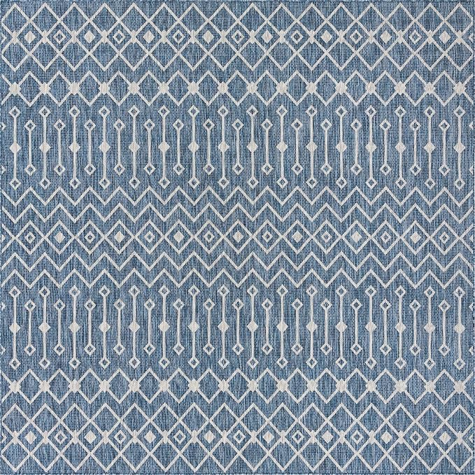 Unique Loom Outdoor Trellis Collection Area Rug - Tribal Trellis (10' Square, Blue/ Ivory)