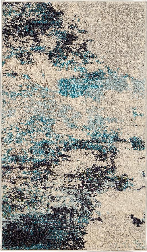 Nourison Home Celestial Ivory Teal Blue 2'2" x 3'9" Area Rug - Easy Clean, Non Shedding, Bed Room, Living Room, Dining Room, Kitchen (2' x 4')