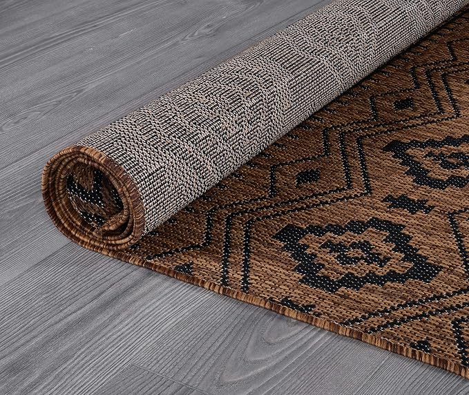 Beverly Rug Waikiki Boho Indoor Outdoor Rug 9x12, Washable Outside Carpet for Patio, Deck, Porch, Bohemian Area Rug, Farmhouse Rugs, Aztec Tribal Rug, Nut Brown and Black