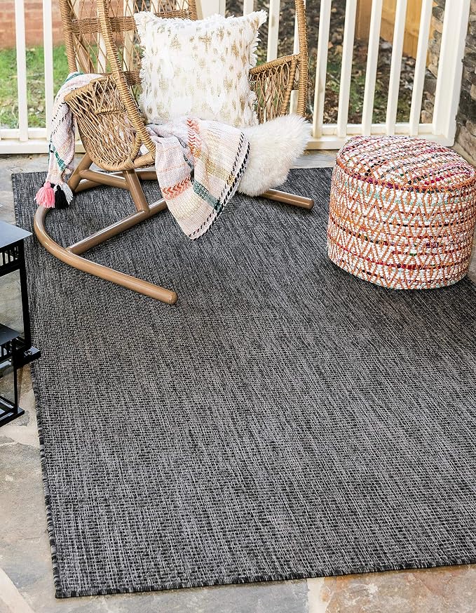 Unique Loom Collection Casual Transitional Solid Heathered Indoor/Outdoor Flatweave Area Rug (6' 1" x 9' Rectangle, Black/Ivory)