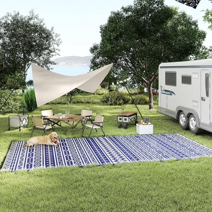 Outsunny Outdoor Rug for Patio, 9' x 18' Waterproof Large Mat, Reversible Plastic Straw Rug for Decor, Portable Outside RV Camping Area Carpet Mat for Backyard Porch Deck Picnic, Blue White Geometric