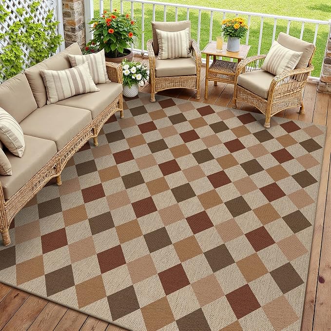 PureCozy 8x10 Checkered Easy Jute Area Rug for Living Room Large Checkerboard Washable Indoor Outdoor Carpet Farmhouse Patio Office Mat Geometric Non Slip Brown-Beige Carpet for Backyard Dining Room