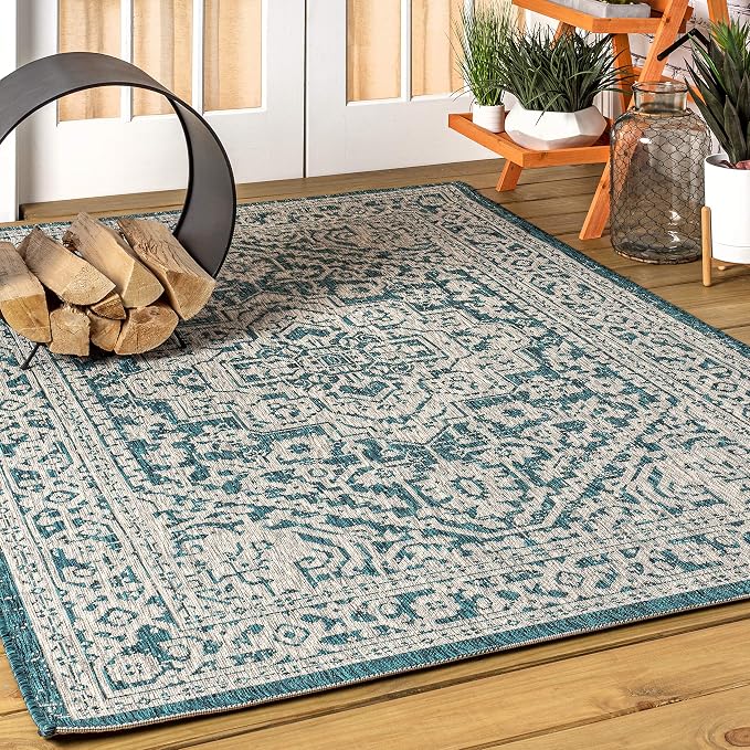 JONATHAN Y Medallion Weave Indoor Outdoor Area Rug 4X6 Teal Blue/Gray, Sinjuri Textured for Backyard, Patio, Porch, Easy-Cleaning, High Traffic, Pet-Friendly, Non-Shedding (SMB101C-4)