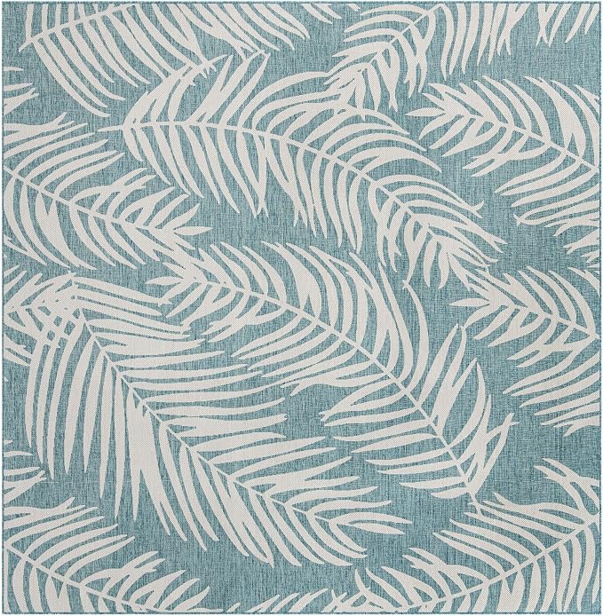 Unique Loom Outdoor Botanical Collection Area Rug - Palm (10' 8" Square Light Aqua/Ivory)