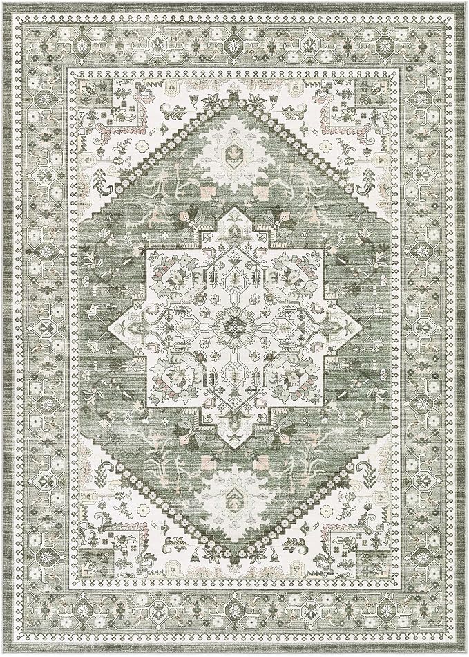 Washable Area Rug-10X14 Vintage Neutral Soft Green | Non Slip Thin Foldable Large Floor Carpet for Living Room Bedroom Kitchen Dining Room Home Office Farmhouse Indoor