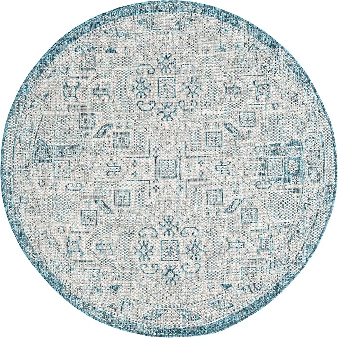 Unique Loom Outdoor Aztec Collection Area Rug - Coba (5' 3" Round, Teal/ Ivory)