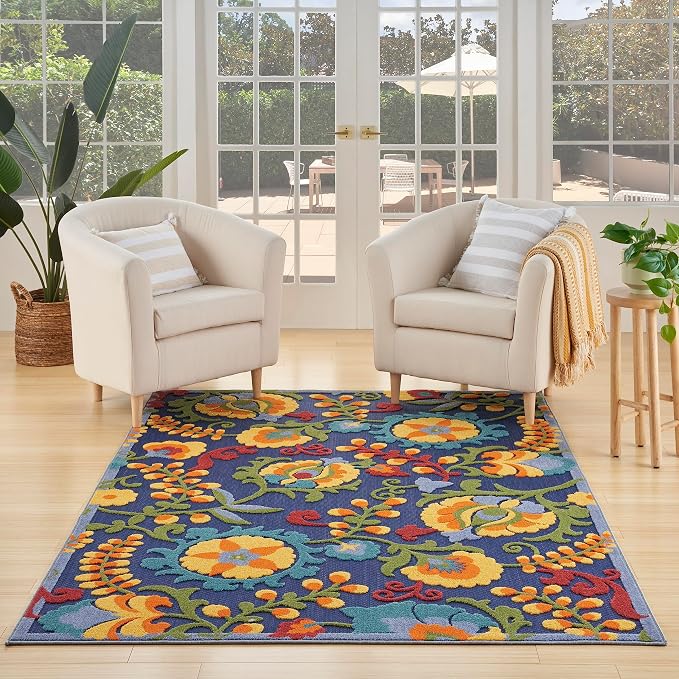 Nourison Home Aloha Navy Multicolor 3'6" x 5'6" Area Rug - Easy Clean, Non Shedding, Bed Room, Living Room, Dining Room, Kitchen (4' x 6')
