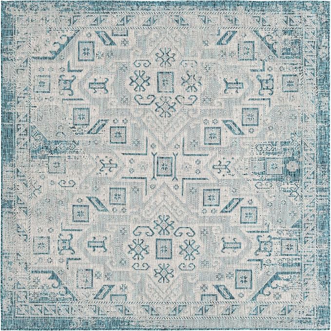 Unique Loom Outdoor Aztec Collection Area Rug - Coba (7' 10" Square, Teal/ Ivory)