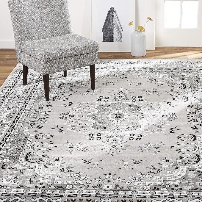 Home Dynamix Premium Sakarya Traditional Medallion Border Area Rug, Gray, 3'7"x5'2" Rectangle