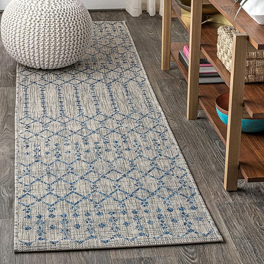 JONATHAN Y Moroccan Geometric Indoor Outdoor Runner Rug 2X20 Light Gray/Navy, Ourika Textured Weave for Backyard, Patio, Porch, Easy-Cleaning, High Traffic, Pet-Friendly, Non-Shedding (SMB108A-220)