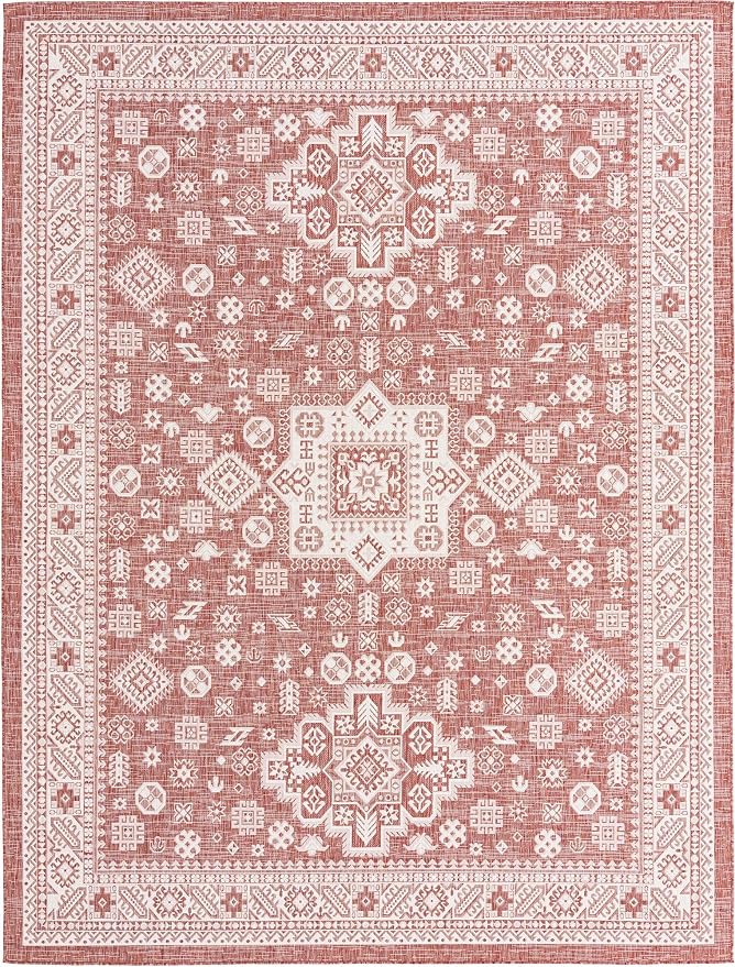 Unique Loom Outdoor Aztec Collection Area Rug - Chalca (10' x 13' Rectangle, Rust Red/ Ivory)