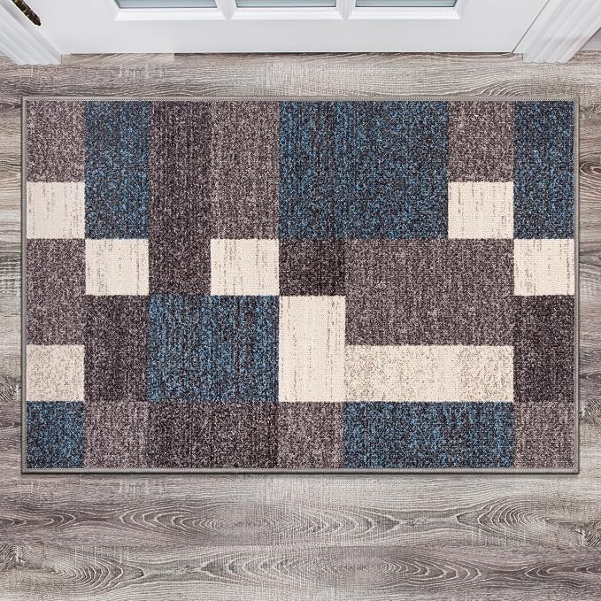 Rugshop Geometric Boxes Non-Slip Contemporary Area Rug Blue 20" x 30" | Non-Shedding, Rectangular, Size 20" x 30", Living Room, Bedroom, Dining Room, Home Office, Kitchen, Entryway, Hallway