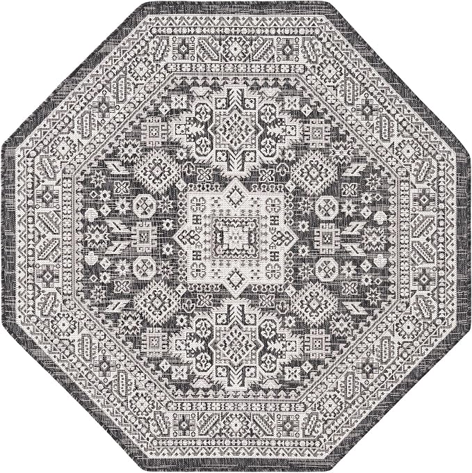 Unique Loom Outdoor Aztec Collection Area Rug - Chalca (5' 3" Octagon, Charcoal Gray/ Ivory)