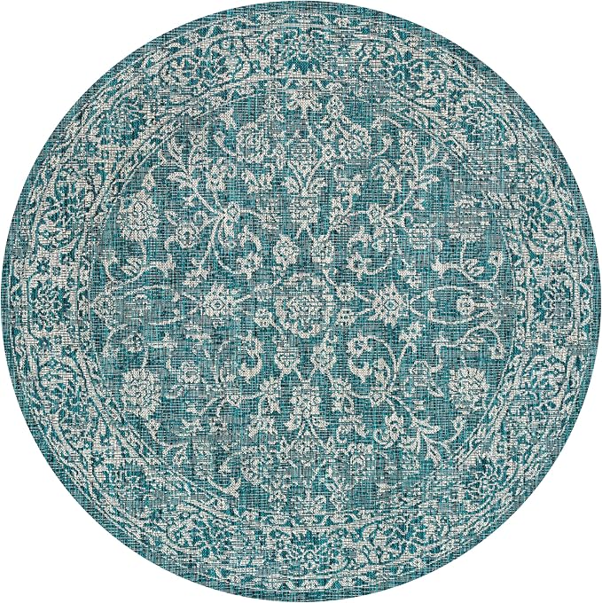 JONATHAN Y Weave Floral Indoor Outdoor Round Area Rug 9 Ft Teal/Gray, Tela Bohemian Textured for Backyard, Patio, Porch, Easy-Cleaning, High Traffic, Pet-Friendly, Non-Shedding (SMB100C-9R)