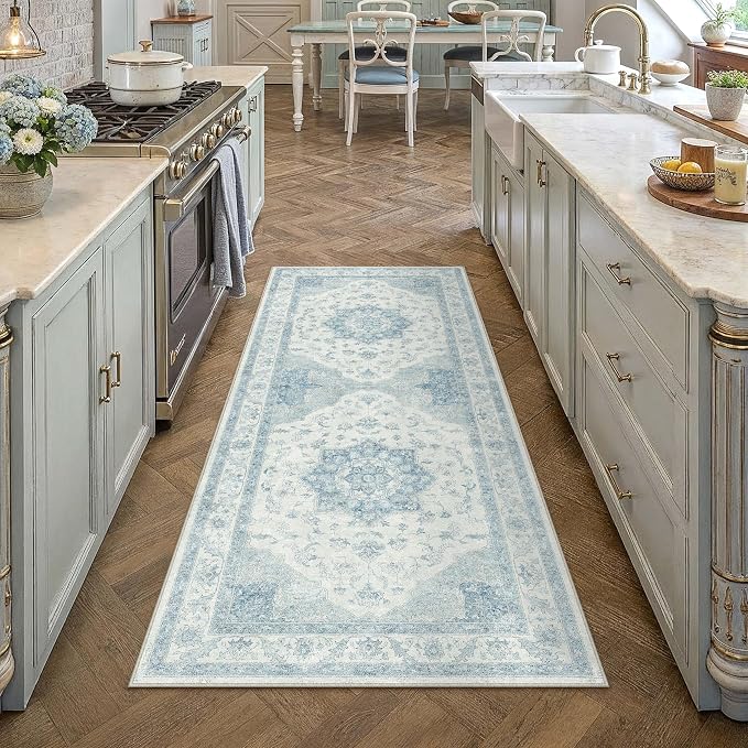 Blue 2x6 Washable Runner Rug Kitchen Vintage Oriental Carpet | Soft Low Pile, Non Slip, Stain Resistant, Floral Medallion, Neutral Retro Decor for Entryway, Bathroom, Hallway, Bedroom