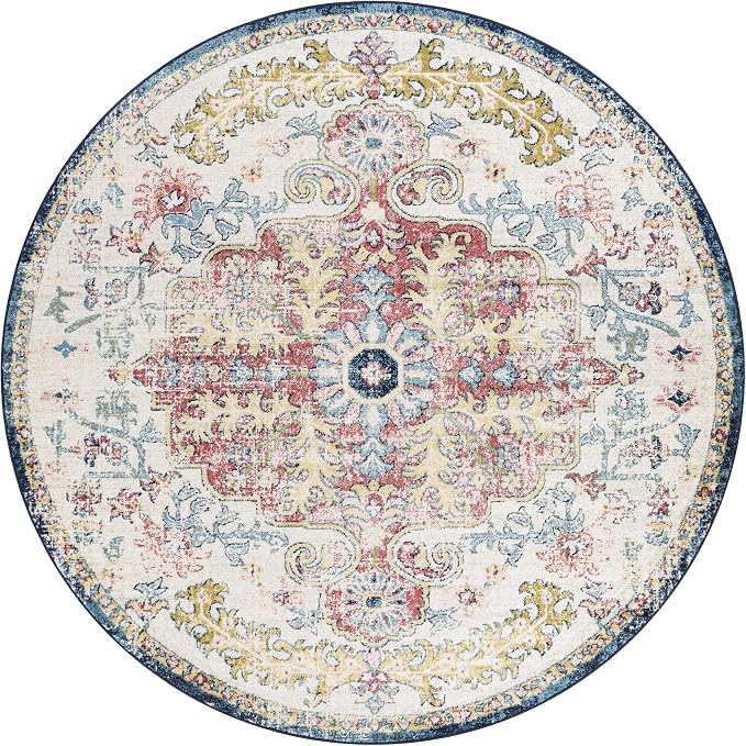 Livabliss Area Rugs - 5ft Round Odelia Vintage Boho Aqua Burgandy Blue Round Area Rug for Living Room Bedroom - Floral Medallion Stain Resistant Carpet for Kitchen, Nursery, Office (5'3" Round)