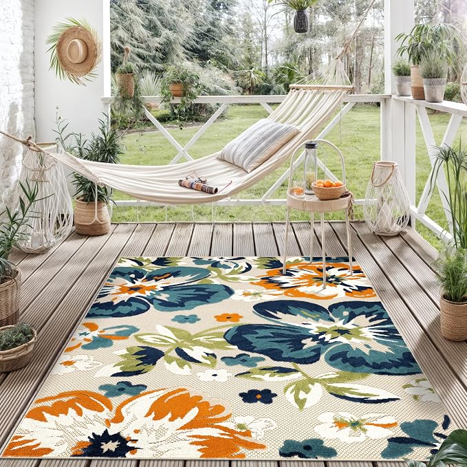 Rugshop Multi Bergamo Floral Indoor/Outdoor Square Area Rug Machine Washable for Patio, Dining Nook and Balcony, 6'6" x 6'6" Square