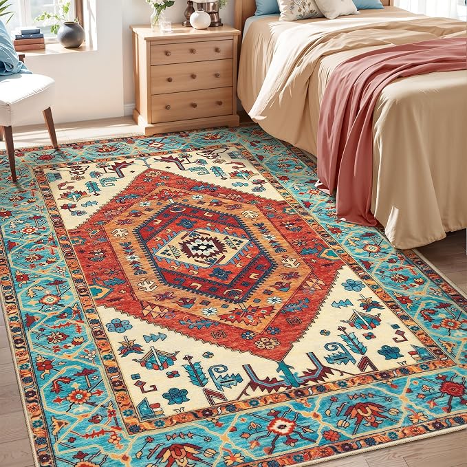 SERISSA 4x6 Washable Non Slip Boho Area Rug for Bedroom，Orange | Ultra Soft Vintage Oriental Carpet Low-Pile Distressed Tribal Throw Carpet for Entry Living Room Nursery Kitchen Dorm Decor