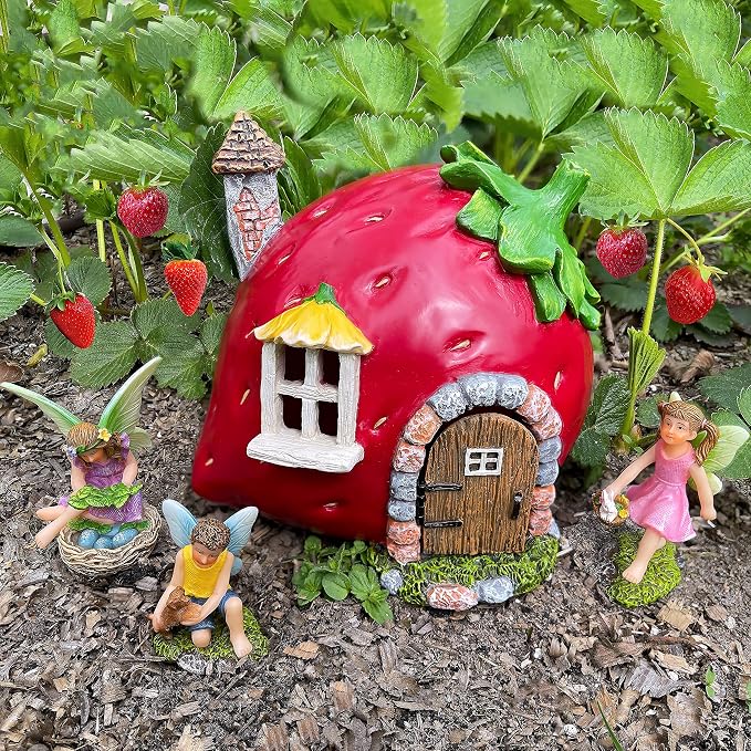 Mood Lab Fairy Garden Figurines - Strawberry House Set (4 pcs) - Miniature Decorative Statues & Accessories - Outdoor & Indoor Garden Decor