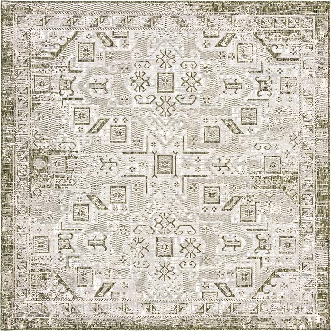 Unique Loom Outdoor Aztec Collection Area Rug - Coba (7' 10" Square, Green/ Ivory)